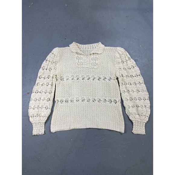 Vintage 1960s Ivory Crochet Puff Sleeve Collared LS Top - Picture 2 of 9